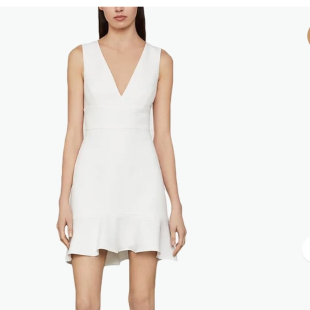 BCBG MAX AZRIA WOMEN'S PLUNGING FLOUNCE HEM SLEEVE